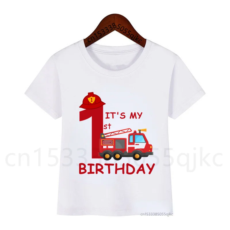 NEW Boys/Girls Cool Fire Truck It\'s My Birthday Numbers T-Shirt Children Boys Happy Birthday T Shirt White T-Shirt Baby Girl Top