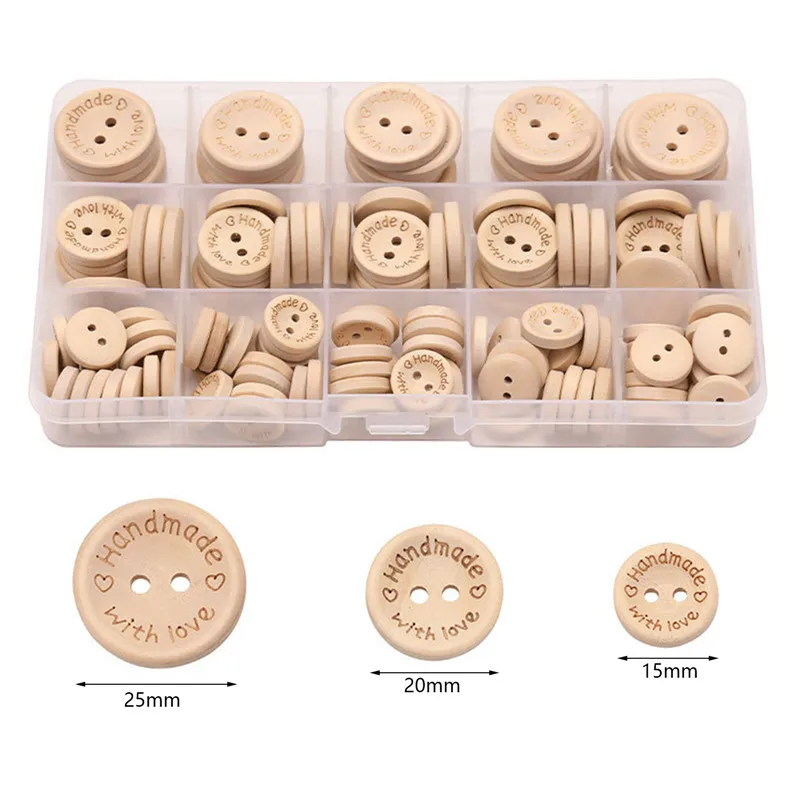 2-Holes Mixed Wood Buttons Natural Color Round Handmade With Love Sewing Scrapbooking Button DIY Clothes Making Buttons,140Pcs