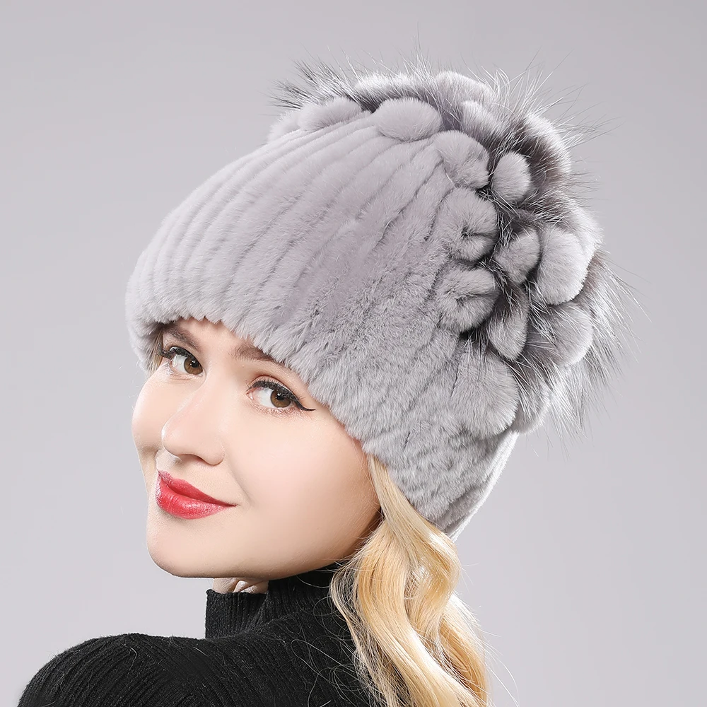 Fur Hats for Women Winter Real Rex Rabbit Hat Fox fur kniting female warm snow caps ladies elegant princess beanies cap