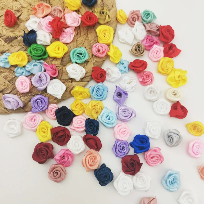 (100pcs/pack) 15mm Mix Color Small Rose Flower Mini Handmade DIY Satin Ribbon Rose Head Wedding Scrapbooking Decoration Flower