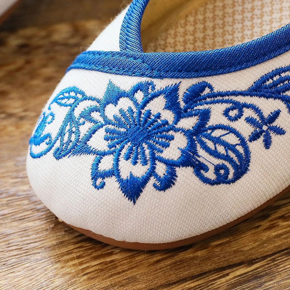 Veowalk Blue Flowers Embroidered Women\'s Canvas Ballet Flats Vintage Chinese Style Ladies Casual Ankle Strap Cotton Dance Shoes