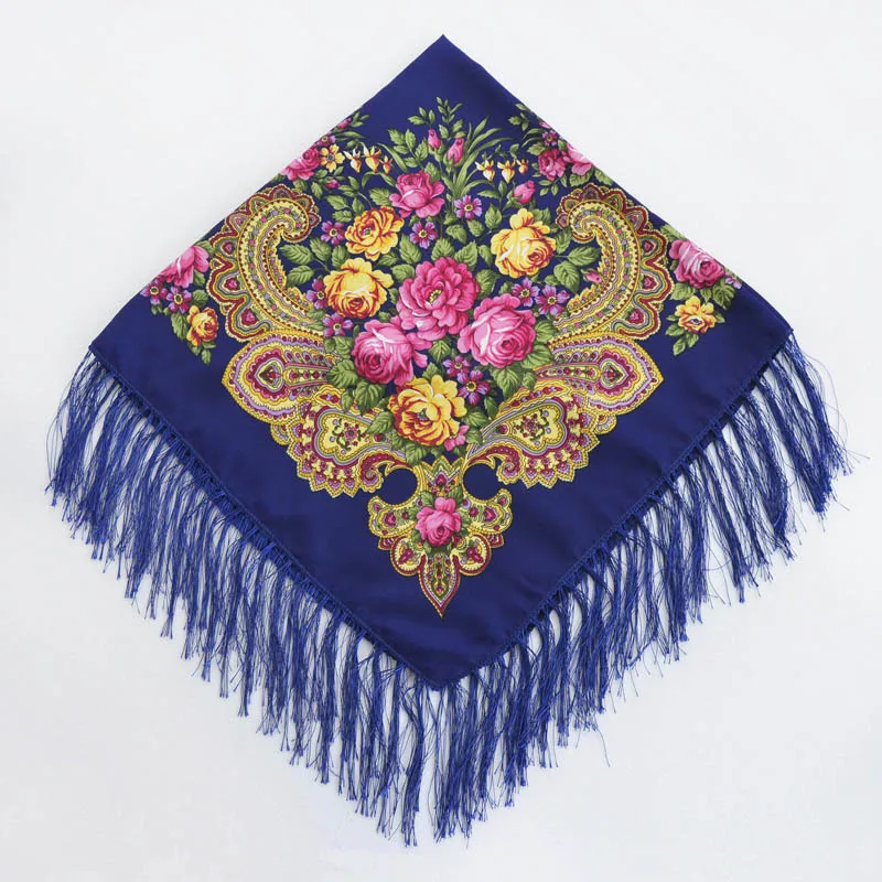 90*90cm russischer nationaler Stil quadratischer Schal Schal weibliche Fransen Blumen druck Schals Dame Kopf wickelt Foulard Femme Hijab Schals