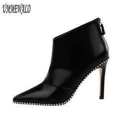 UMMEWALO Sexy Ankle Length Flock Boots Women Fashion Rivet Design Pointed Toe High Heel Shoes Winter Ankle Boots Ladies Shoes