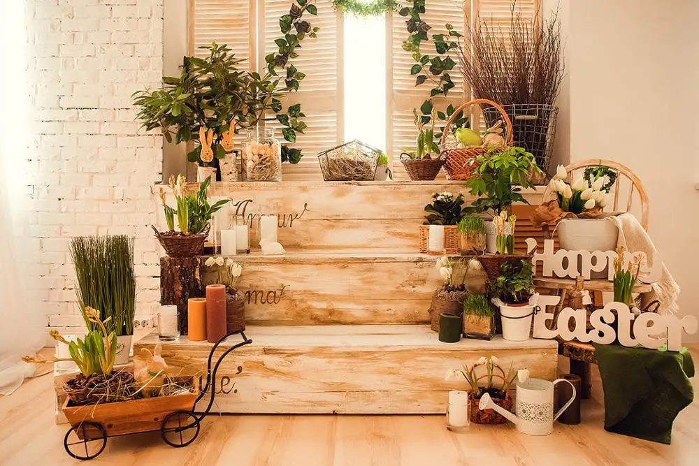 كابيسكو صور خلفية عيد الفصح سعيد الخشب المرحلة الأزهار مجلس جدار الأرنب الأرنب إكليل الطفل صورة خلفية استوديو الدعائم