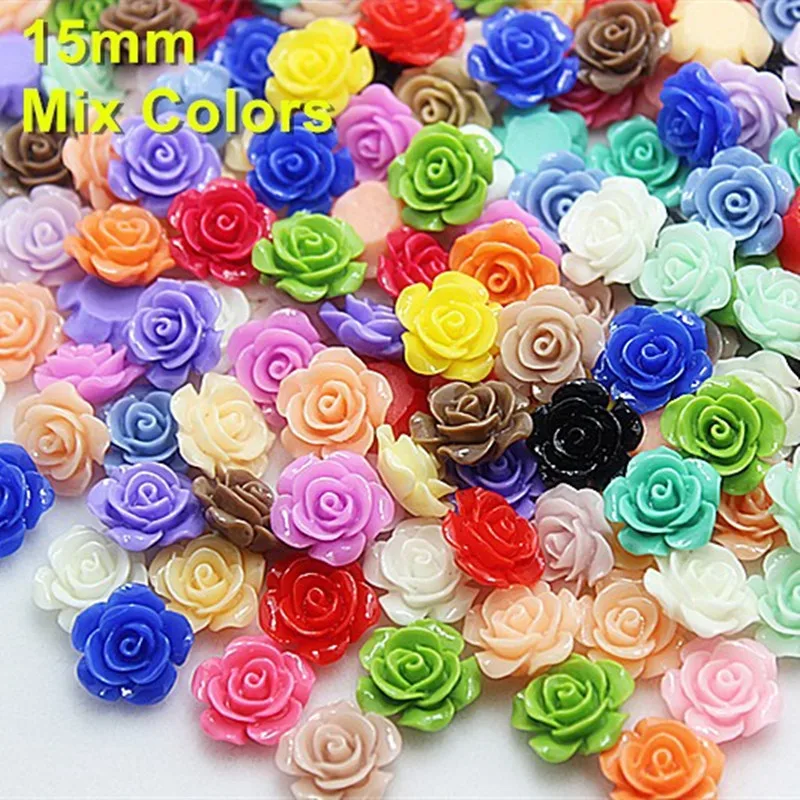 50pcs 15mm Resin Rose Flowers Flat Back Cabochon DIY Jewelry/ Craft Home Decoration Accessories,20 Colors to Choose