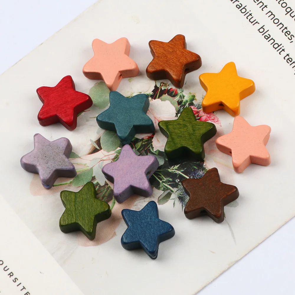 15mm Five-pointed Star Mixed Colorful Natural Wooden Beads Loose Spacer Beads For Jewelry Making DIY Bracelet Necklace Supplies