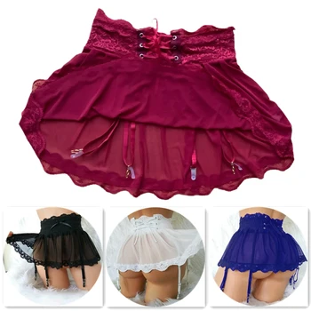 Saia transparente de malha preta e branca com cinto de liga, lingerie sexy feminina, cinta de bandagem ajustável, cinto suspensor para meias