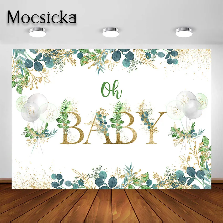 Mocsicka Oh Baby sfondo oro luccica foglie verdi verde genere neutro festa di compleanno Baby Bshower fotografia sfondo