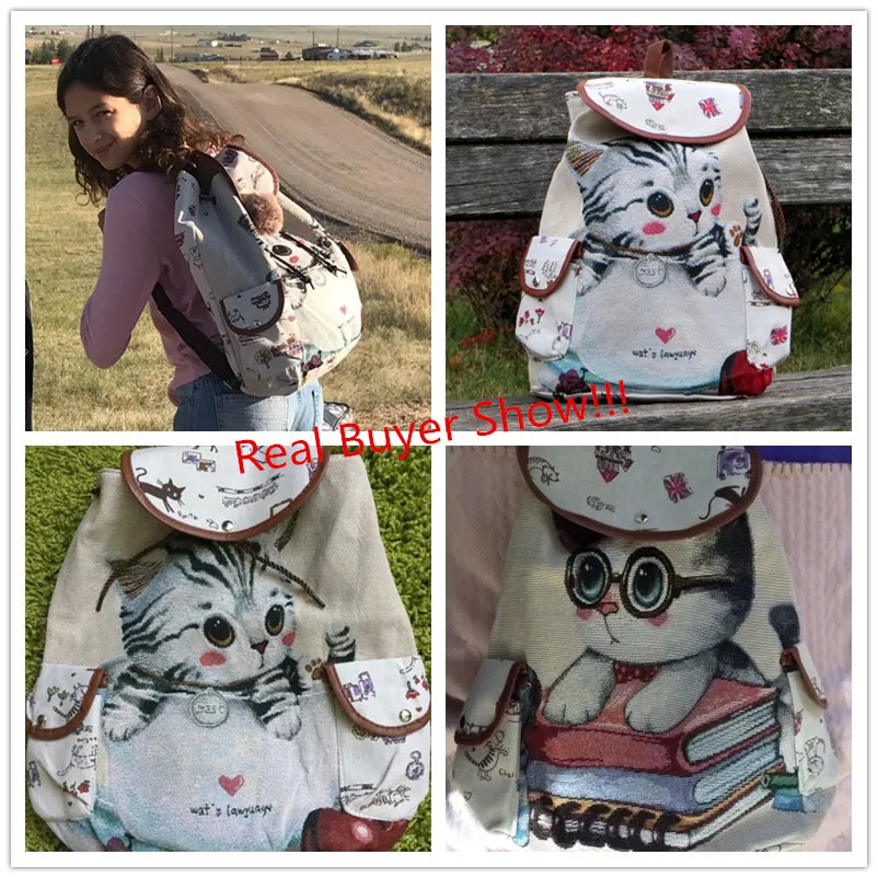 Miyahouse Casual Canvas School Backpack Women Lovely Cat Printed Drawstring Backpack Teenager Large Capacity Ladies School Bag