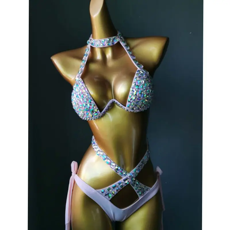 Pole Dancing Stones Bikini Costume Rhinestones Hot Shorts Bra 2 Pieces Outfit Nightclub Bar Party Show Model Catwalk Stage Wear