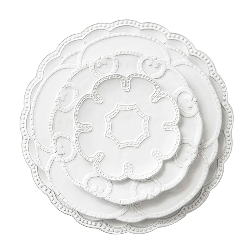 Ceramic Plate European Style Embossed Lace White Flower Shape Western Dishes Wedding Tableware Household Kitchen Supplies