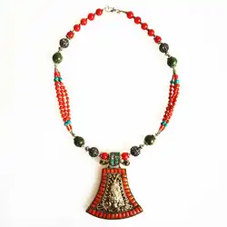 Tibetan Ethnic Fashion Jewelry Nepal Copper inlaid Stone Coral Big Pendant Necklace Tibet Tribal Amulet Necklaces TNL416