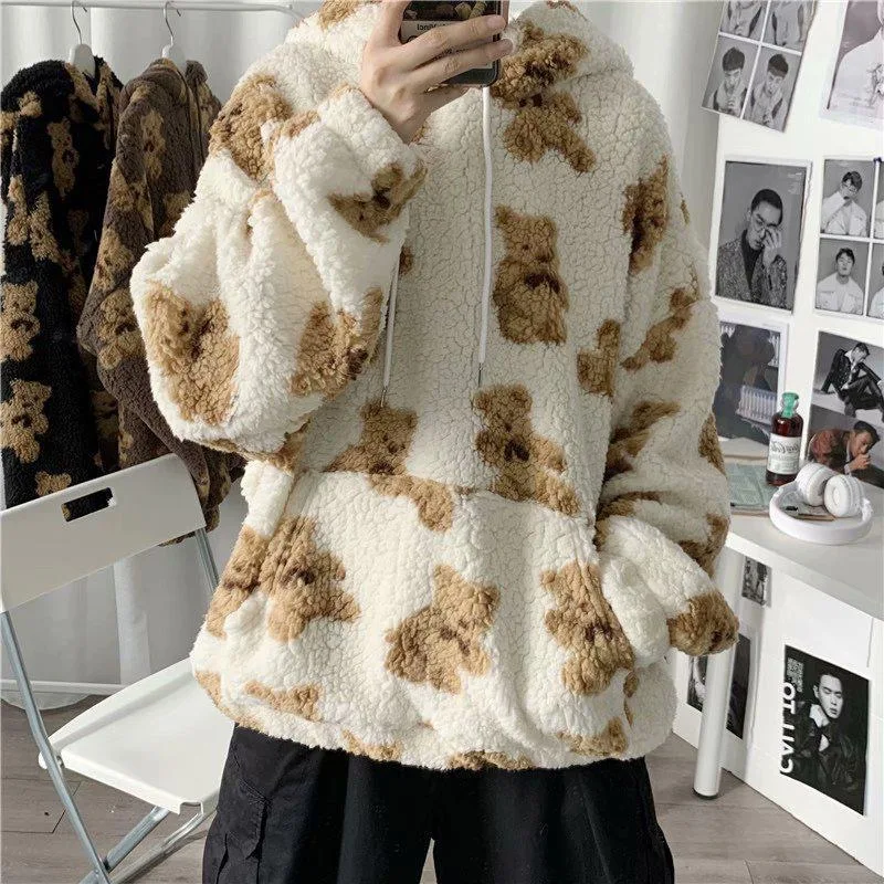 V-hanver little bear Pattern furry Hoodie 2020 Winter Warm Plush  sweet Pullovers Woman Vintage korean Style loose Sweatshirt