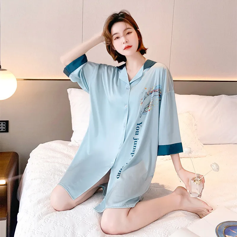 Women Casual Sleep Shirt Print Satin Nightgown Sleepwear Loose Nightdress Intimate Lingerie Summer New Lounge Wear Homewear