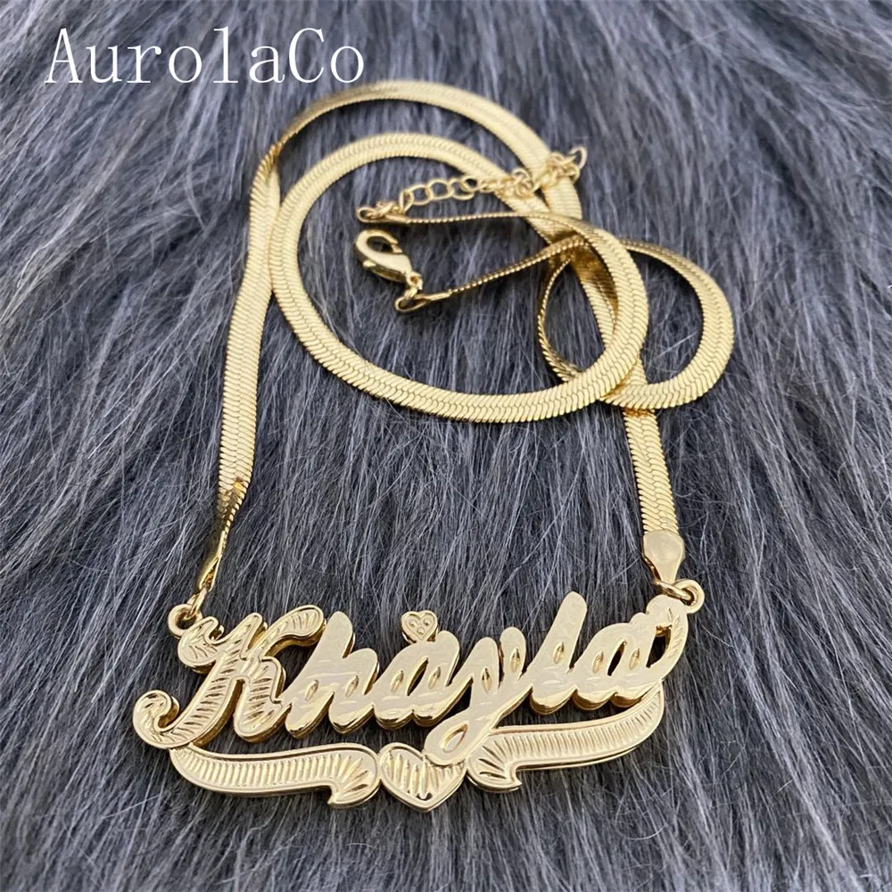 AurolaCo Custom Name Necklace Snake Chain Custom  Stainless Steel Under Heart Nameplate Necklace for Women Gifts