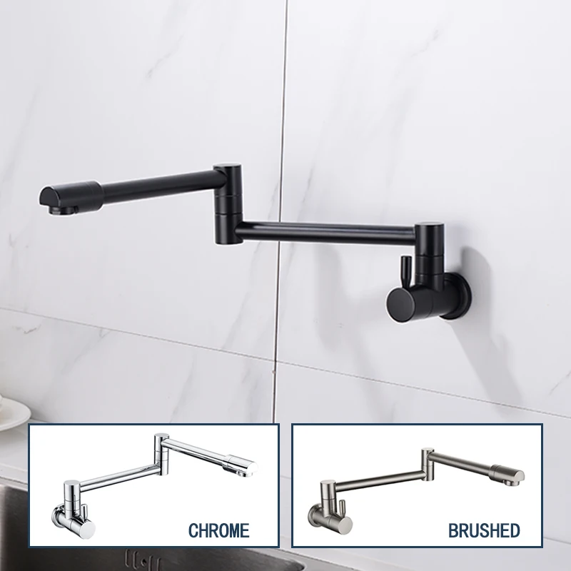 

Pot Filler Tap Wall Mounted Foldable Kitchen Faucet Single Cold Single Hole Sink Tap Rotate Folding Spout Chrome Brushed Black