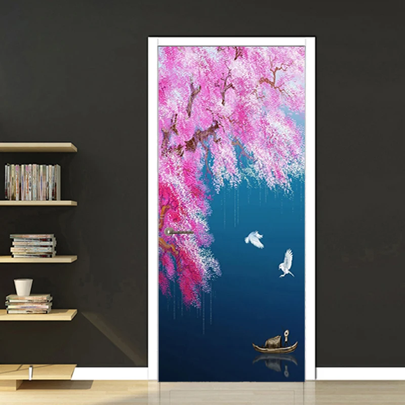 

Blossom Flowers Blue Lake Ink Painting Door Sticker for Bedroom PVC Waterproof Self-adhesive 3D Poster Photo Mural Home Decor