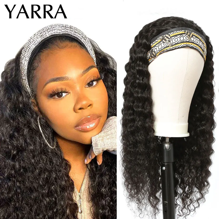 Brazilian Deep Wave Headband Wig Human Hair Curly Wave Wigs with Headband for Black Women No Glue Machine Made Remy Hair Yarra