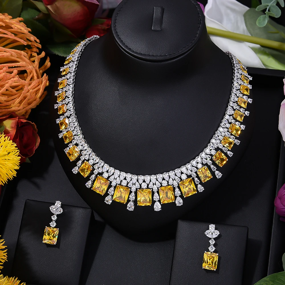 Gorgeous Luxury Tassel Green Crystal 2PCS Jewelry Women Wedding Naija Bridal Cubic Zirconia Necklace Dubai Dress Jewelry Set