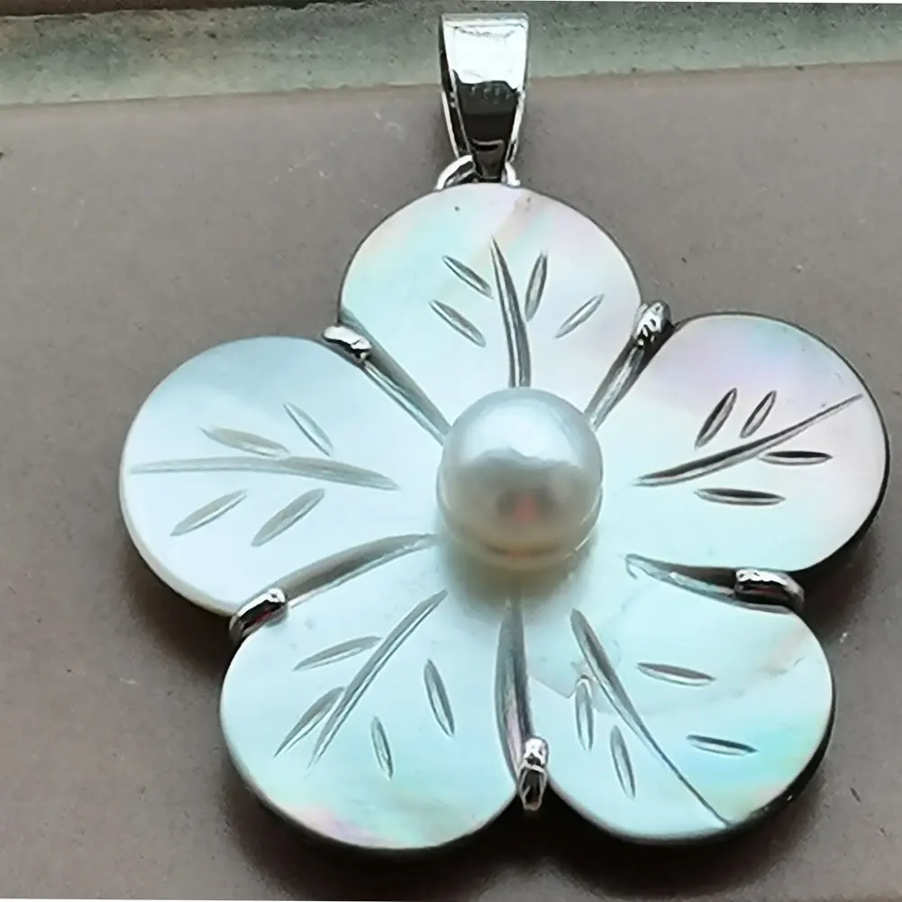 Fashion Jewelry 32mm Beatiful Mother of pearl Shell Art Flower Pendant Bead 1pcs C3626