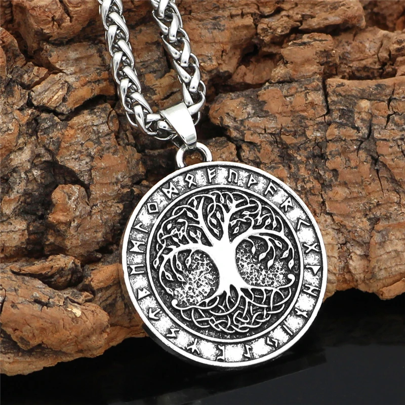 Nordic Vintage Tree of Life Round Pendant Viking Rune Necklace Antique Bronze Silver Color Men Women Jewelry Gifts Dropshipping