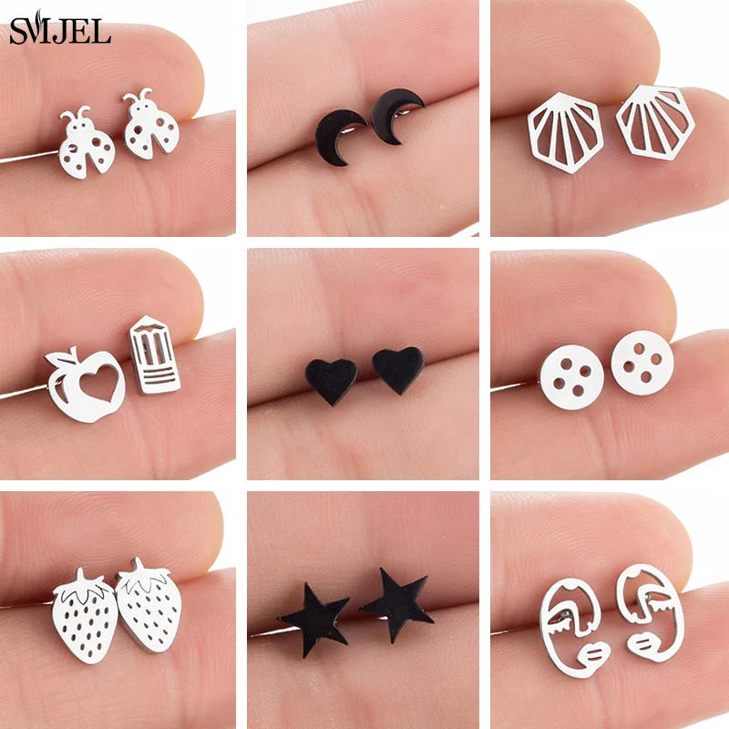 Stainless Steel Earrings Heart Women Men Punk Black Star Moon Fruit Button Animal Stud Earring Trendy Jewelry Pendientes Gift