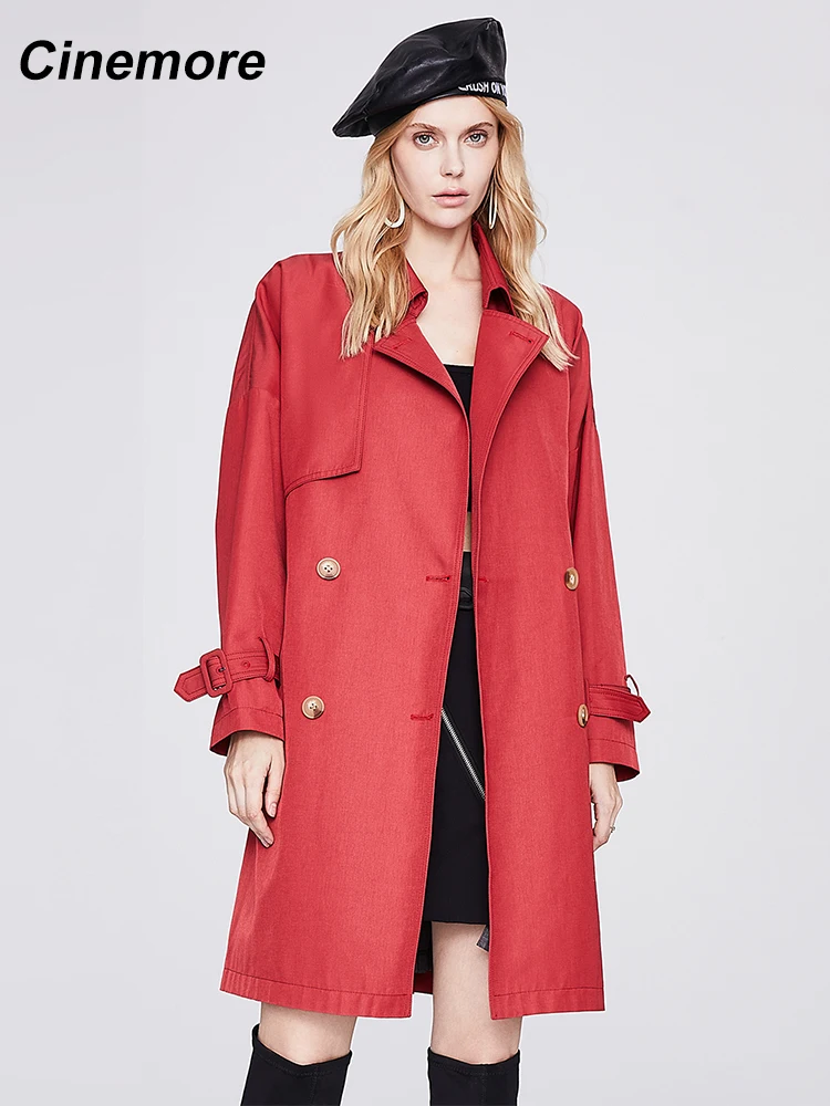 

CINEMORE Women's trench coat Fashion Long Outerwear Double Breasted Oversize Loose Overcoat Female Windbreaker Belt red 92238