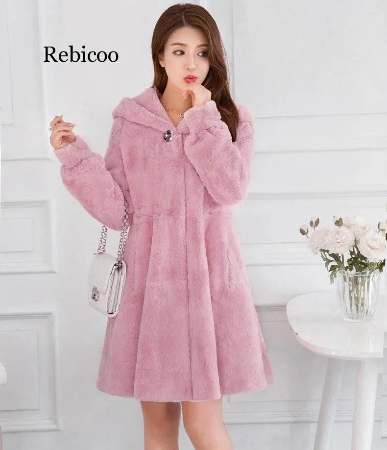 Long hooded winter fur coat  fashion Korean imitation rabbit hair Slim autumn gray coat Outwear  3XL Trench Big fur