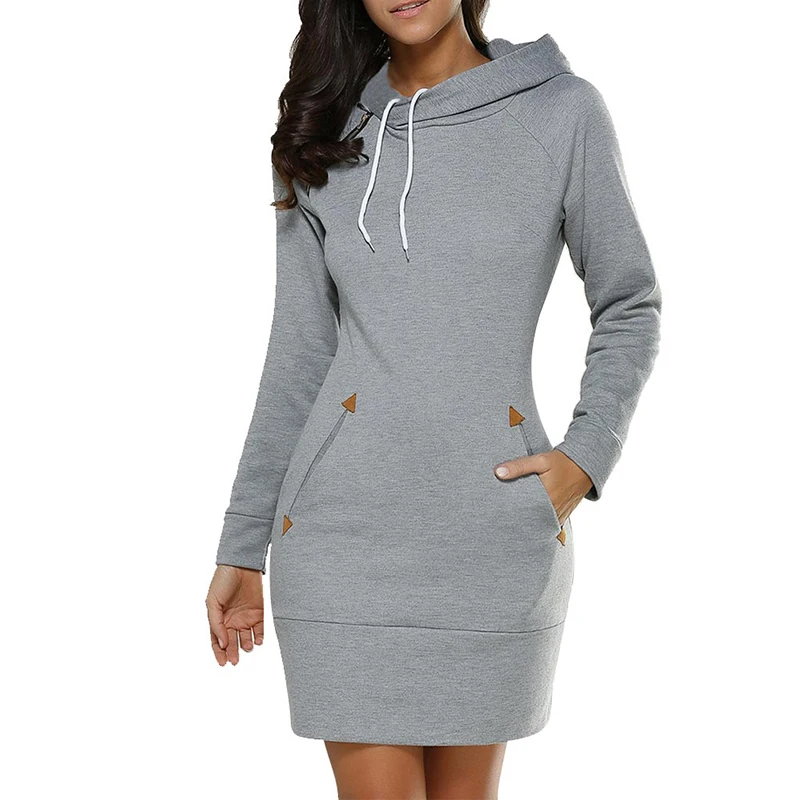 Women‘s Knee-Length Pockets Dress Hooded Warm Sweat Shirt Long Sleeve Side Zip Neckline Simple Casual Sports Skirt