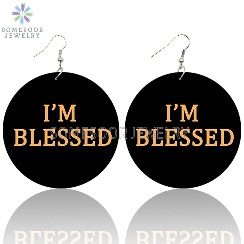 SOMESOOR I‘m Blessed Locs Loops Both Sides Printed Wooden Drop Earrings 6cm Large Black Pendant Dangle Jewelry For Women Gifts