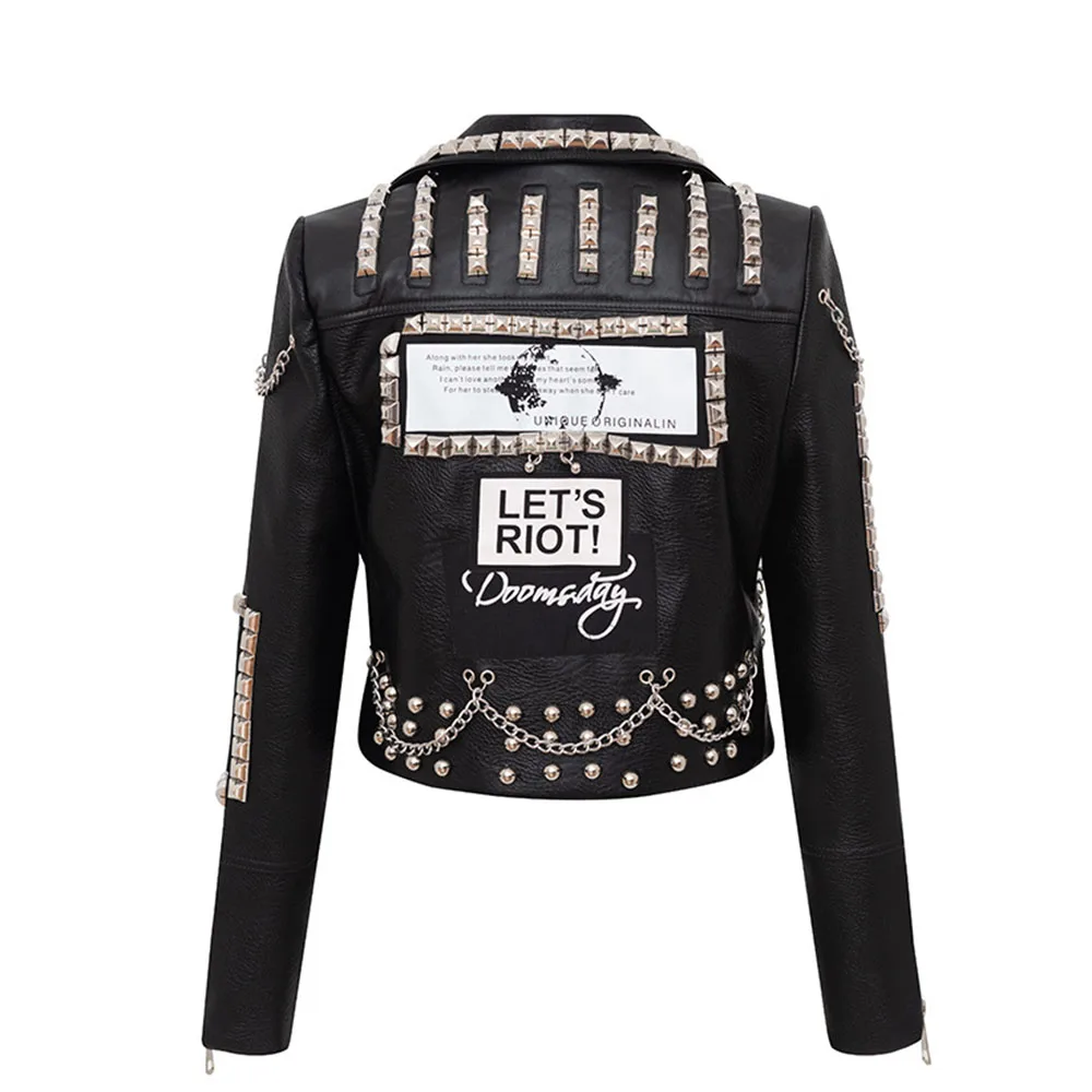 Autumn Winter New Rivet Women Graffiti Jacket PUNK Print Letter Slim Motorcycle Chain Coat PU Faux Leather Studs Short Outwear