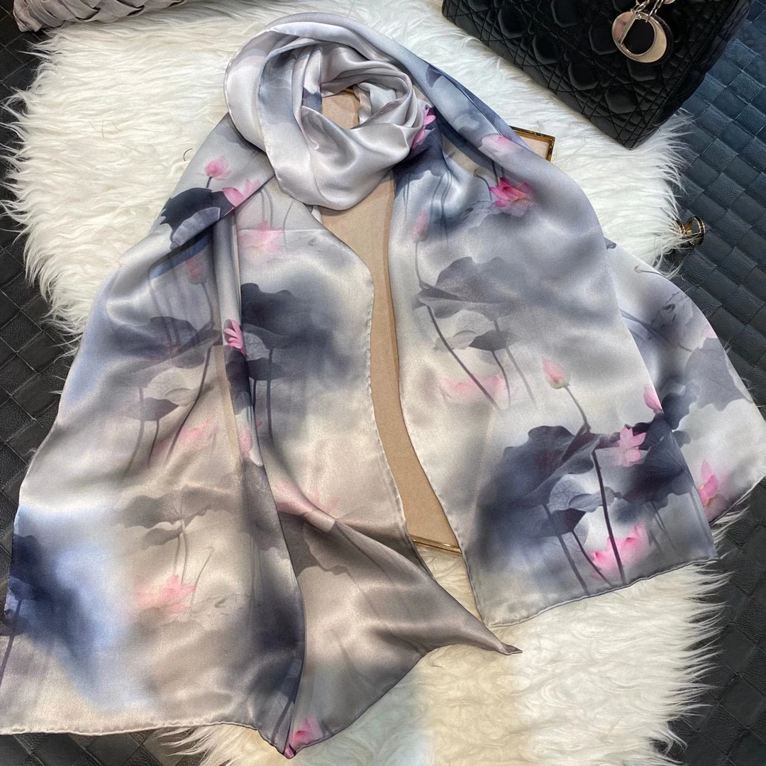 Chinese Style Ink Lotus Silk Scarf Shawl Women 2021 New Design 100% Natural Silk Long Scarves Grey Pink Neck Scarves 175*53cm