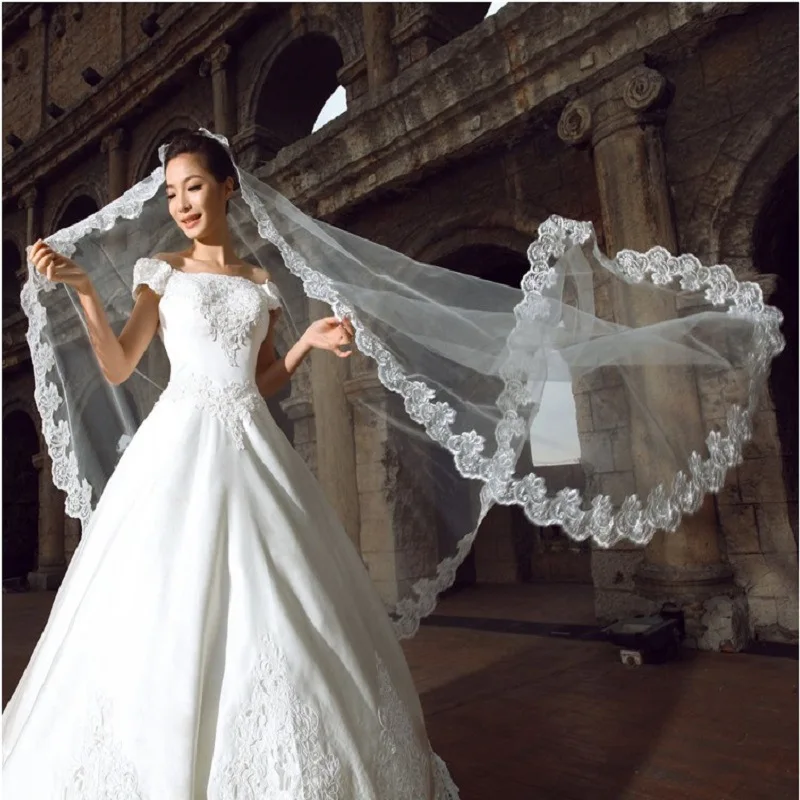 Velos de boda de catedral blanca, apliques nupciales cortos de una capa, borde de encaje, sin peine, accesorios