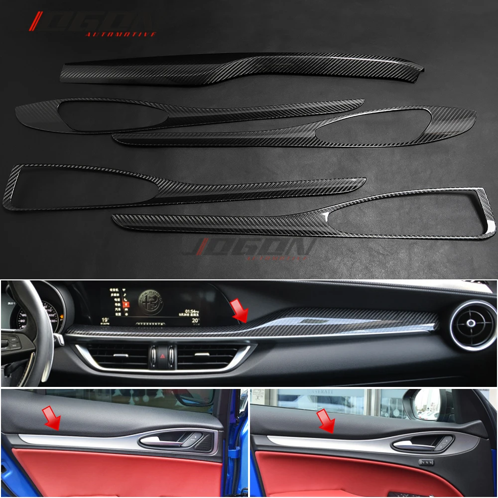 5 pcs For Alfa Romeo Stelvio 2017- 2020 Real Carbon Fiber Inner Side Door Panel Front Dashboard Console Cover Trim Stickers