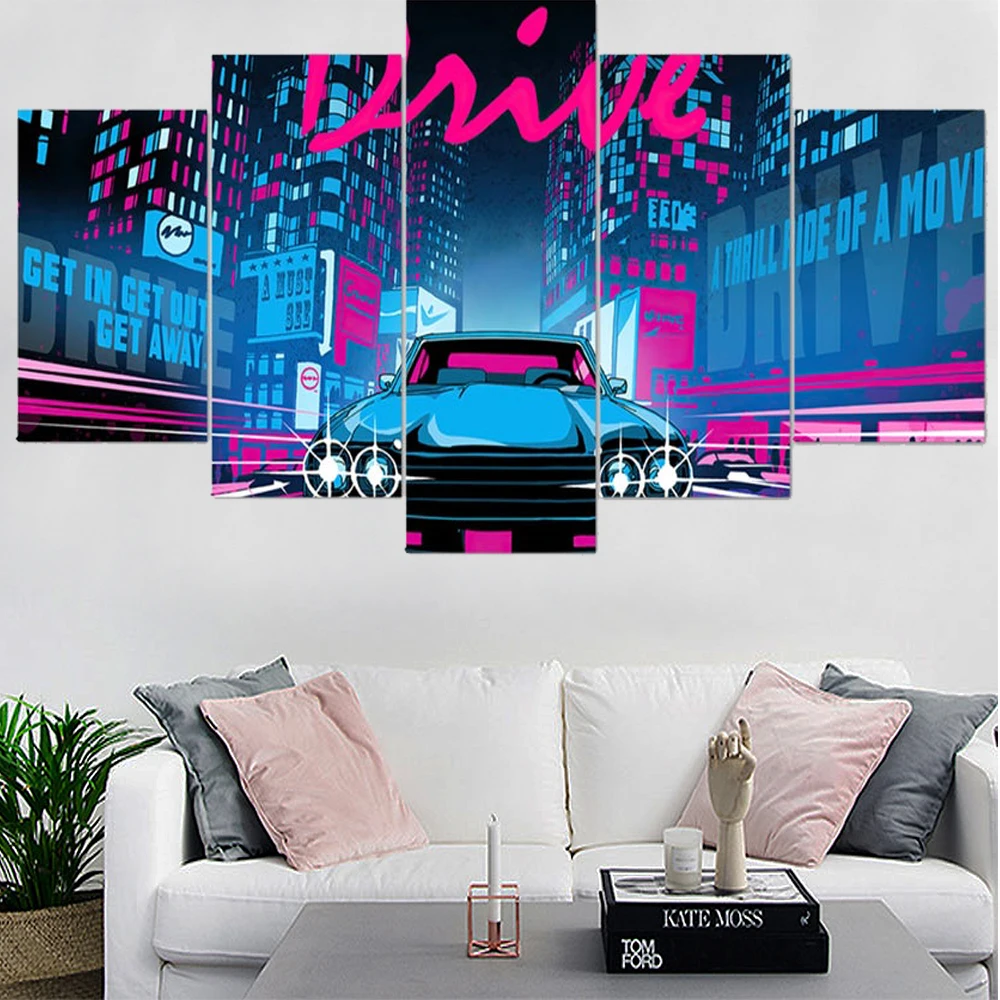 

5 Pieces Wall Art Canvas Painting Vaporwave Neon Car Poster Bedroom For Decoration Modular Framework Pictures Modern Home