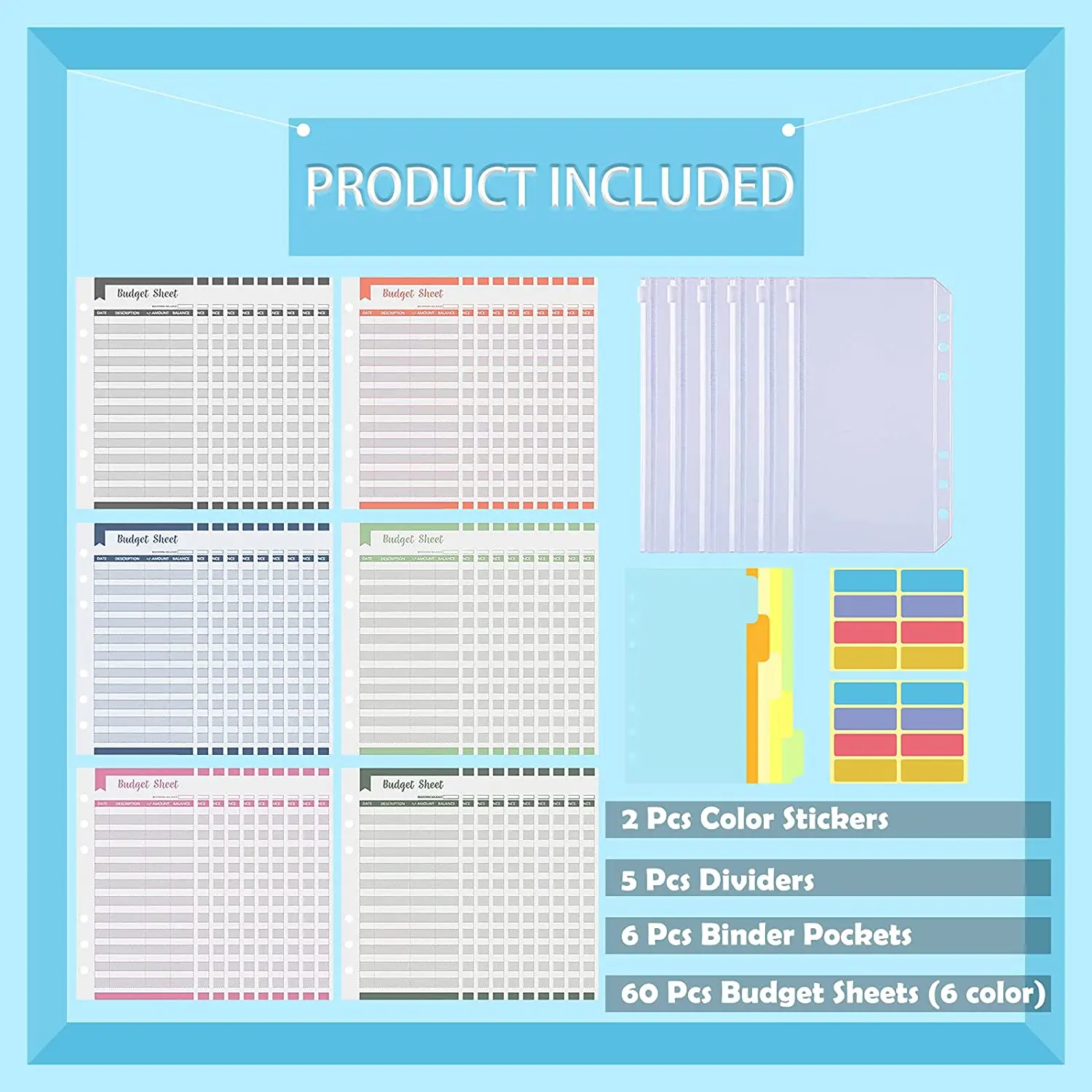 Expense Tracker Budget Sheets 60 Pcs with A6 6pc Binder Pocket 5pc Dividers 2pc Sticker Labels, Money Saving Organizer Budgeting