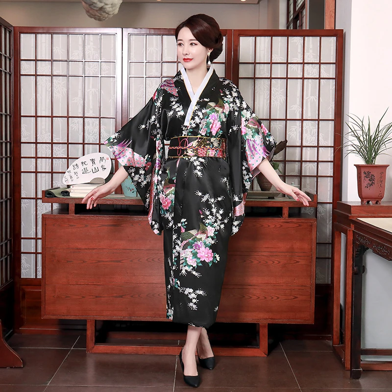 

Japanese Women Kimono Sexy Yukata with Obi Novelty Evening Dress National Trends Floral Bathrobe Gown Dress