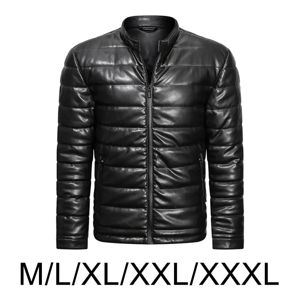 Men Down Coat Windproof Winter Padded Casual Slim Stand Collar Fashion Imitation Leather for Hunting Hiking Sports Black