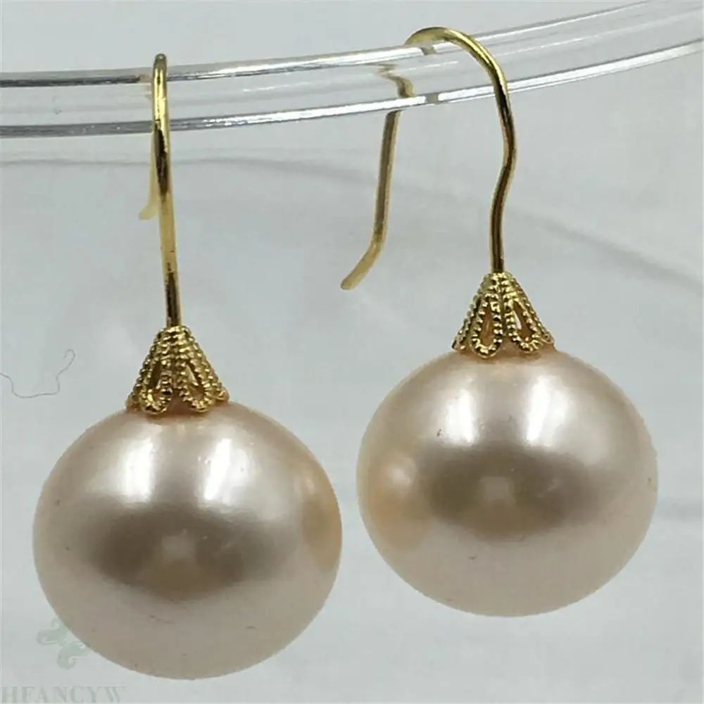 

16mm Pink Round Shell pearl earring 14K Ear drop flawless AAA gift DIY earbob jewelry elegant party