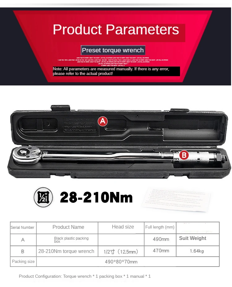 1/2 Torque Preset Torque Wrench Drive Tool 28-210 Nm Positive Negative Two-way Adjustment Spanner Auto Repair Hand Tools