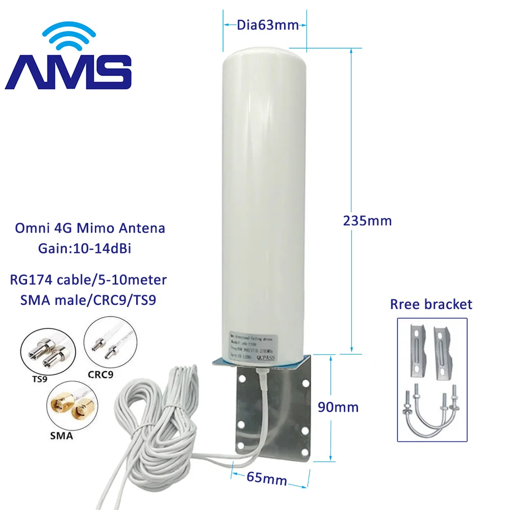 AMS 4G lte 3G High Dbi Outdoor Antenna With 5m Mimo Dual SlIder CRC9/ TS9 /SMA Male Connector For Omnidirectional Router Modem