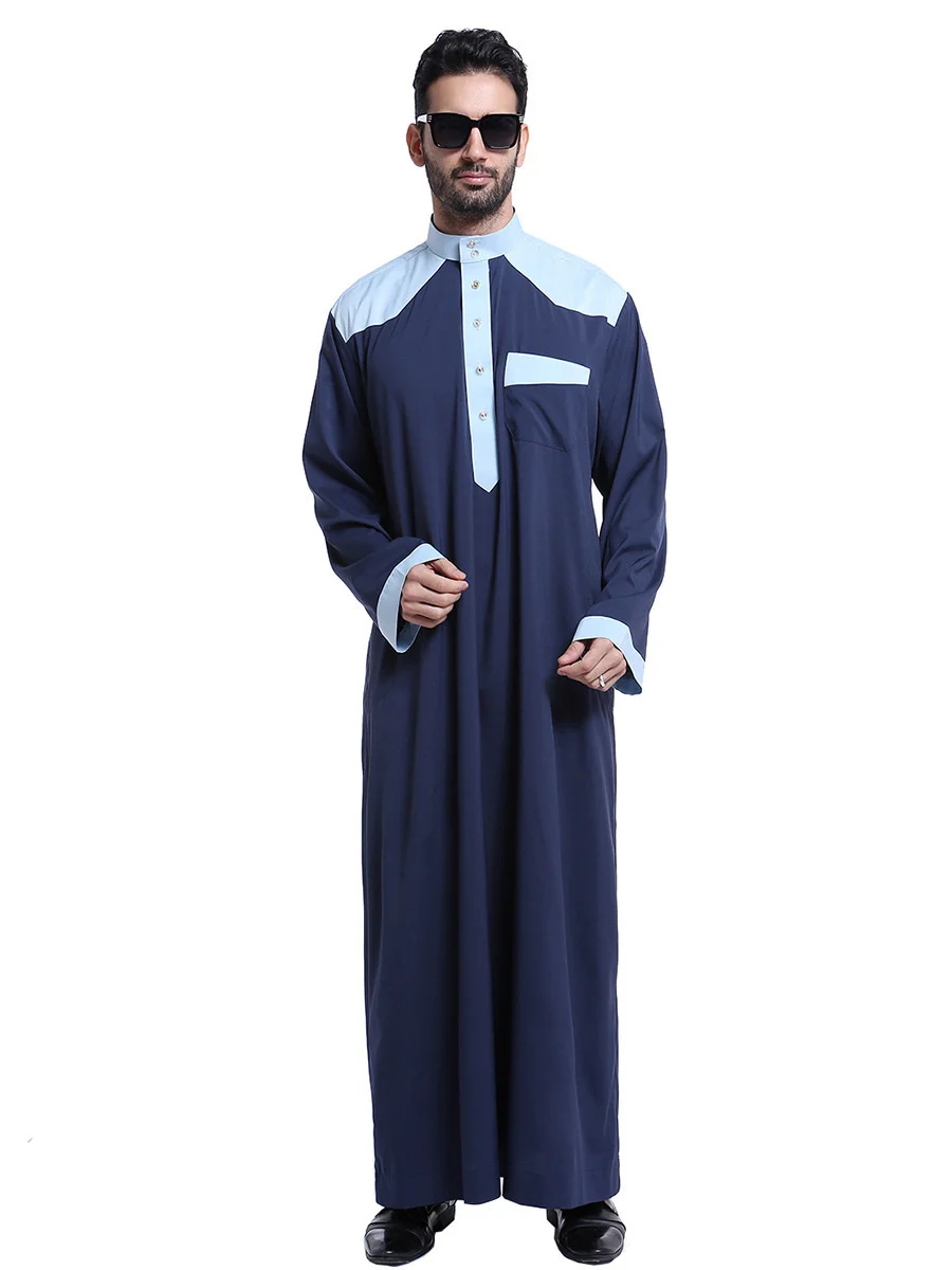 Nieuwe Moslim Marokkaanse Lange Mouwen Islamitische Mannen Splicing Effen Kleur Gewaad Arabische Kaftan Saudi Dubai Kleding