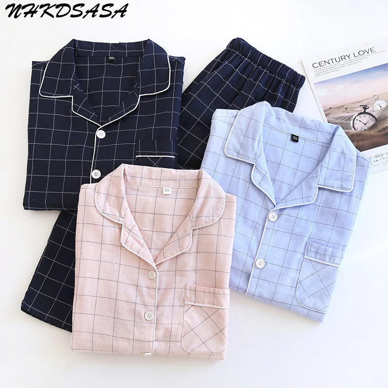 2022 New Couple Plaid Pajama Sets Women Cotton Gauze Sleepwear Autumn Ladies Long Sleeve Home Suit Plus Size Loose Men's Pajamas