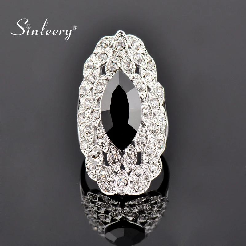 SINLEERY Luxury Big Black Crystal Long Rings For Women Silver Color Cubic Zirconia Wedding Exaggerated Jewelry JZ561