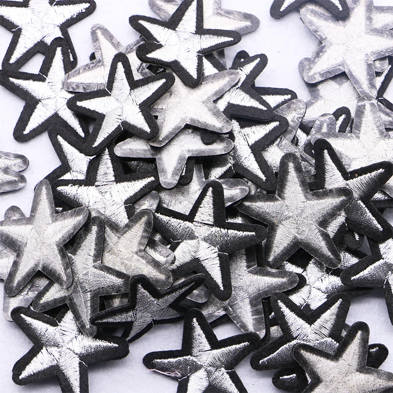 1PCS Silver Star Embroidered Patch Sewn Iron Badge Black Clothes DIY Decal Process Decoration