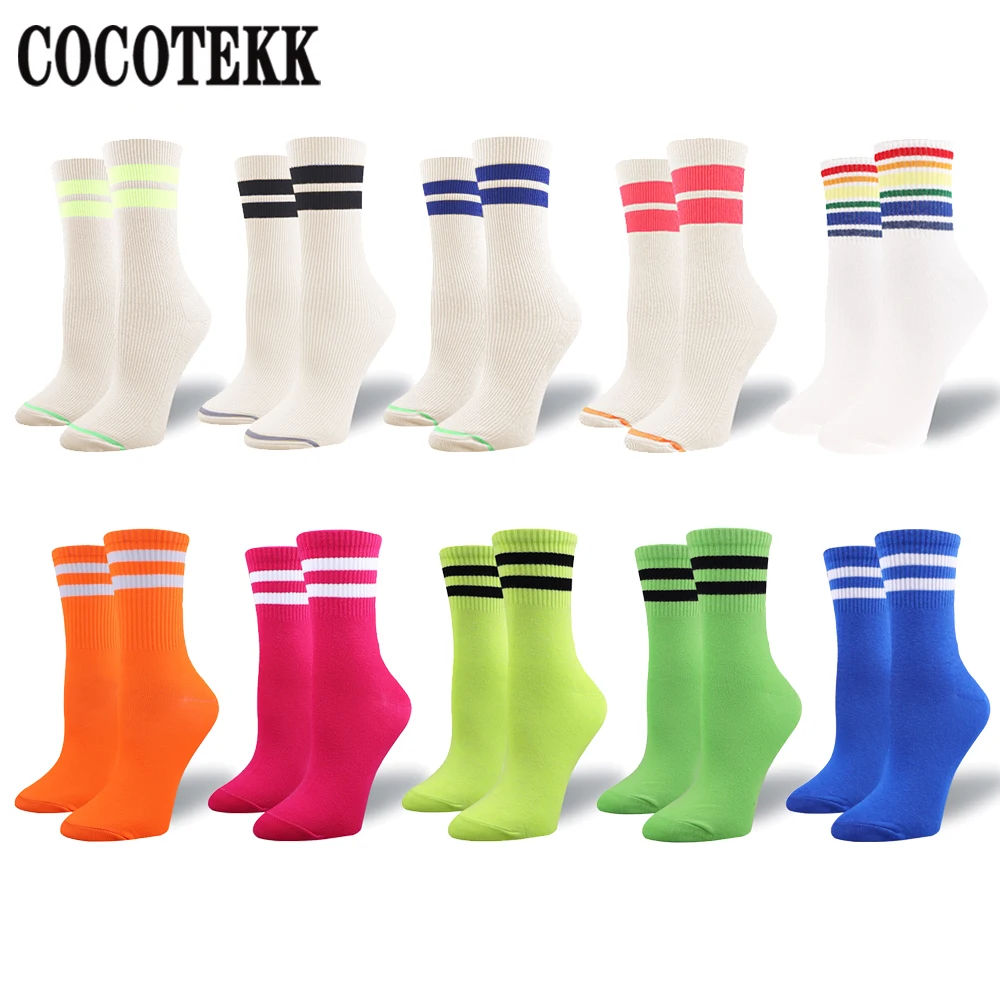 New Arrival Hot Stylish Pure Color Classic Stripes Casual Neon Women Socks Harajuku Fluorescence Green Short Cotton Socks Couple