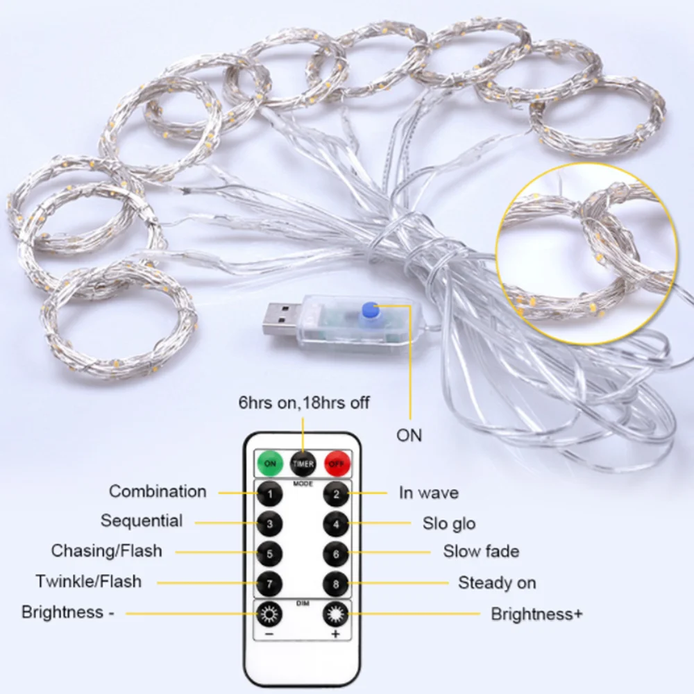 창 커튼 문자열 빛 300 LED 8 조명 모드 요정 램프 USB 전원 램프 크리스마스 침실 웨딩 장식