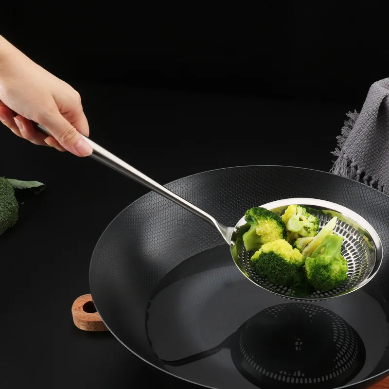 Wooden Handle Stainless Steel Colander Pasta Noodle Strainer Skimmer Spoon Oil Pot Food Filter Drainer Cooking Kitchen Utensils