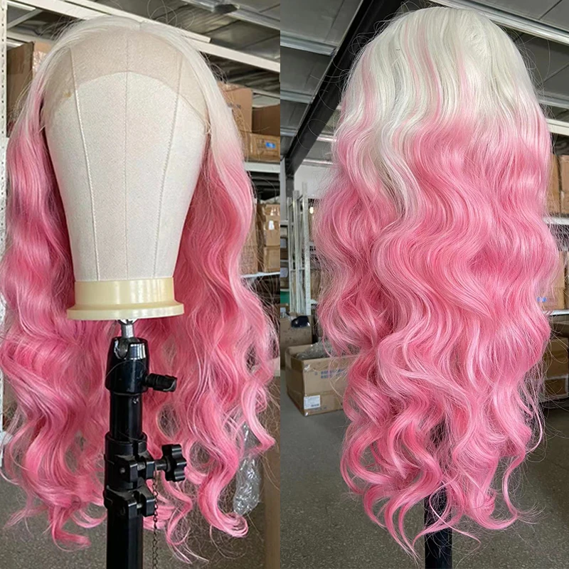 AIMEYA Ombre Pink Body Wave Lace Front Wigs for Women Middle Part Synthetic Natural Hairline Wig Daily Use Costume Party Wig