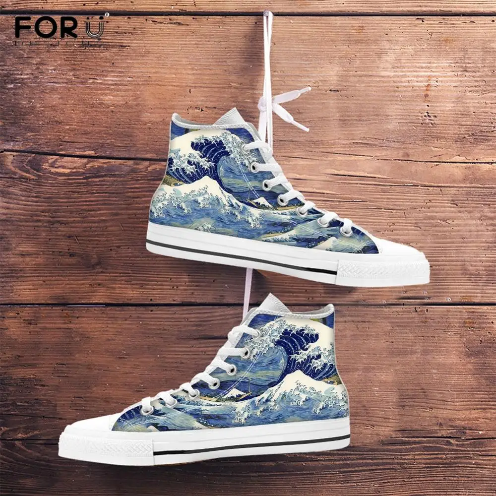 

FORUDESIGNS Great Wave Printed Woman High Top Canvas Sneakers Casausl Spring 2020 Lace Up Sneakers Classic Vulcanized Shoes Flat